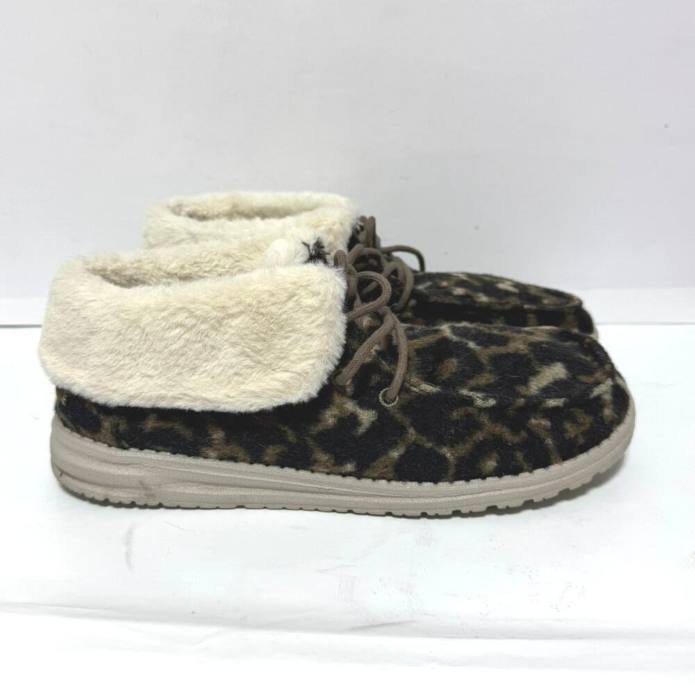 Hey Dude Leopard Print Faux Fur Ankle Booties in Brown and Cream